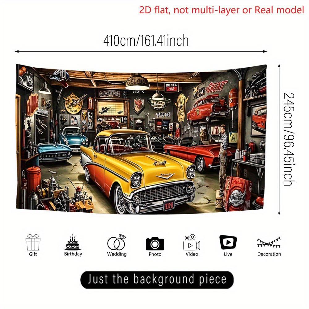 Large garage background suitable for photo booths birthday celebrations and festival decorations. Durable party banner
