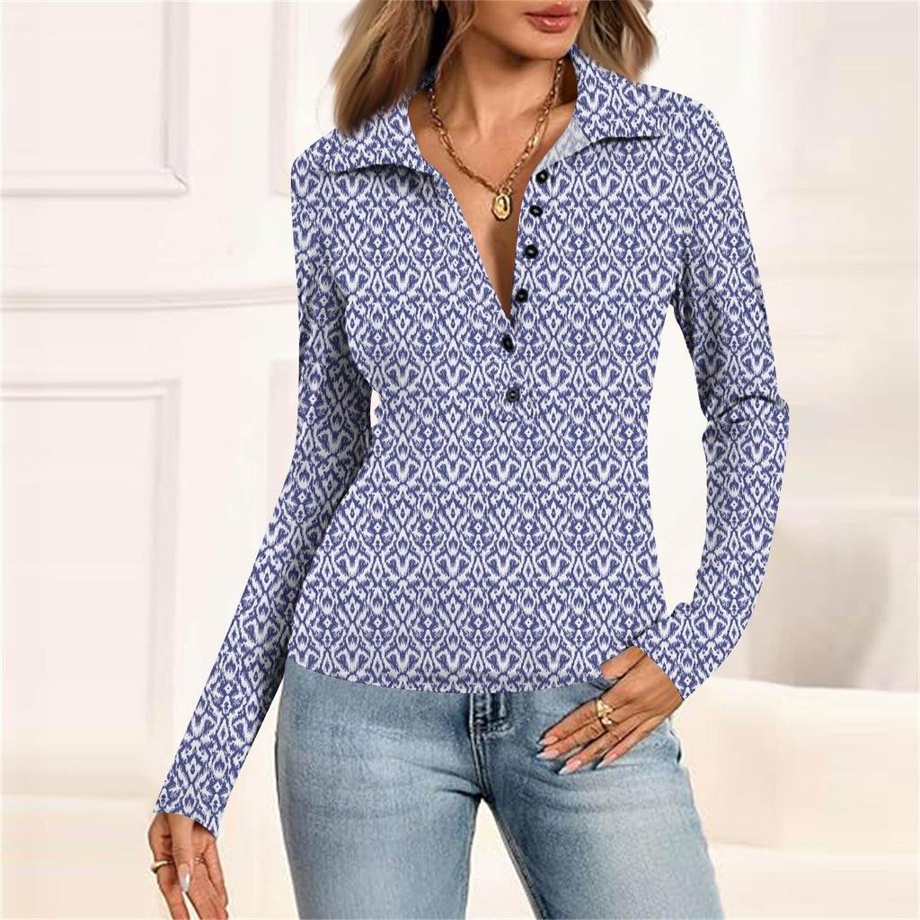 Женская мода Повседневный принт V-образный вырез Длинный рукав Застегивающаяся на пуговицы блузка