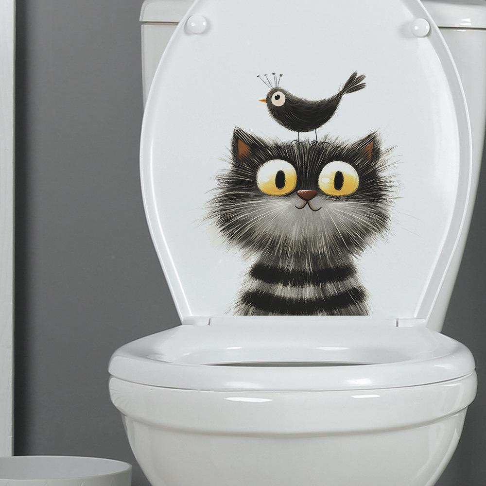 Cartoon Gray Cat and Bird Toilet Seat Sticker Bathroom Decor Playful Removable Waterproof Decal