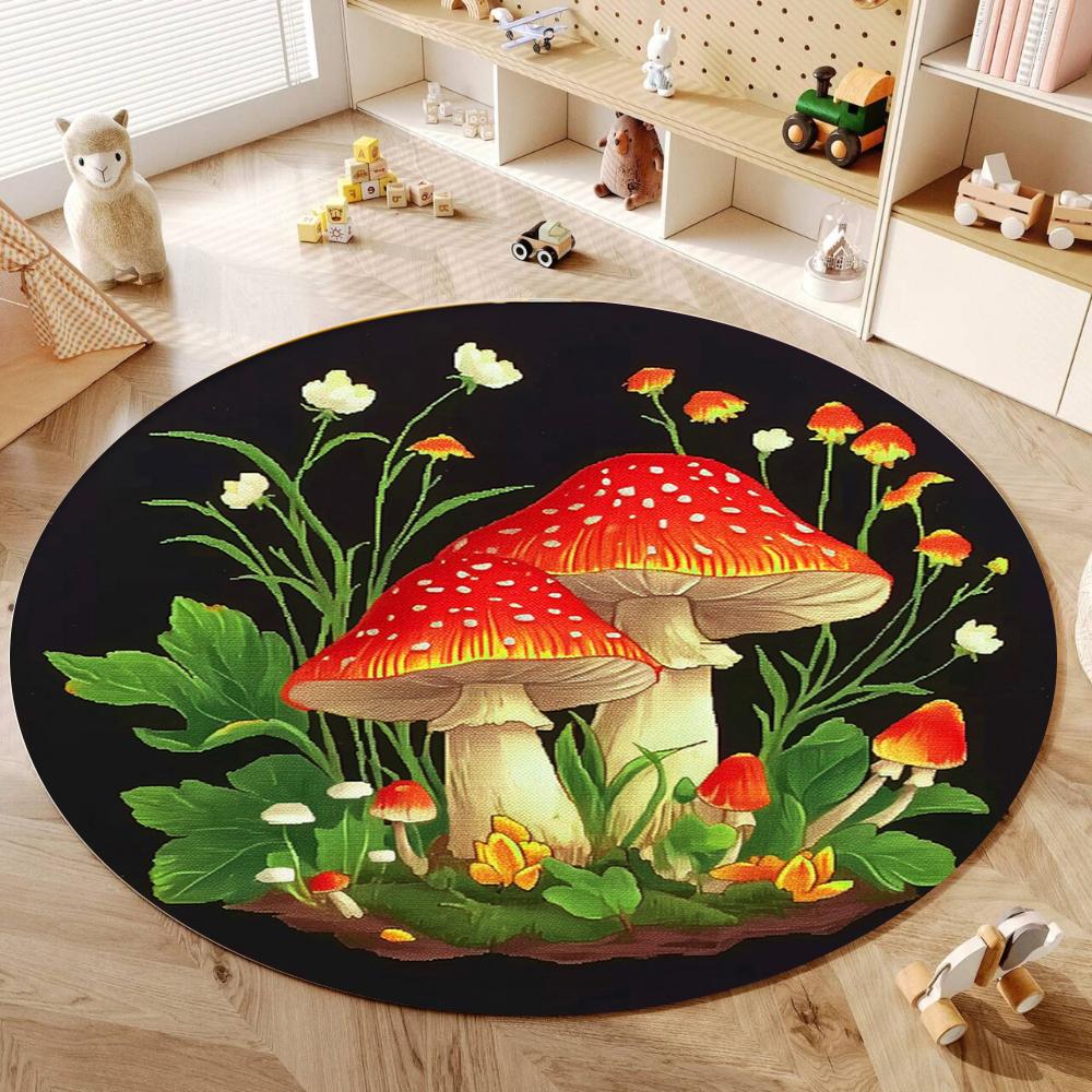 Whimsical Mushroom Themed Round Rug Soft Non Slip Floor Mat for Fantasy Kids Room Nursery Living Room Bedroom Playroom Carpet