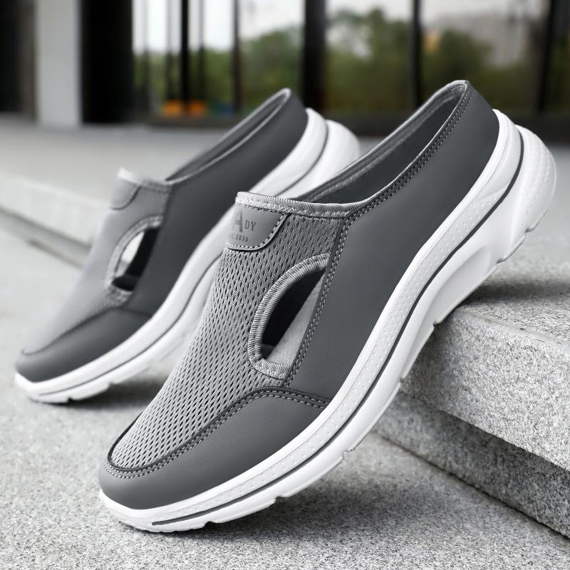 Men's Shoes Hollow Half Slippers Soft Sole Comfortable Casual Shoes One Pedal Dad Shoes Breathable Non-smelly Feet Mesh Shoes Single Shoes