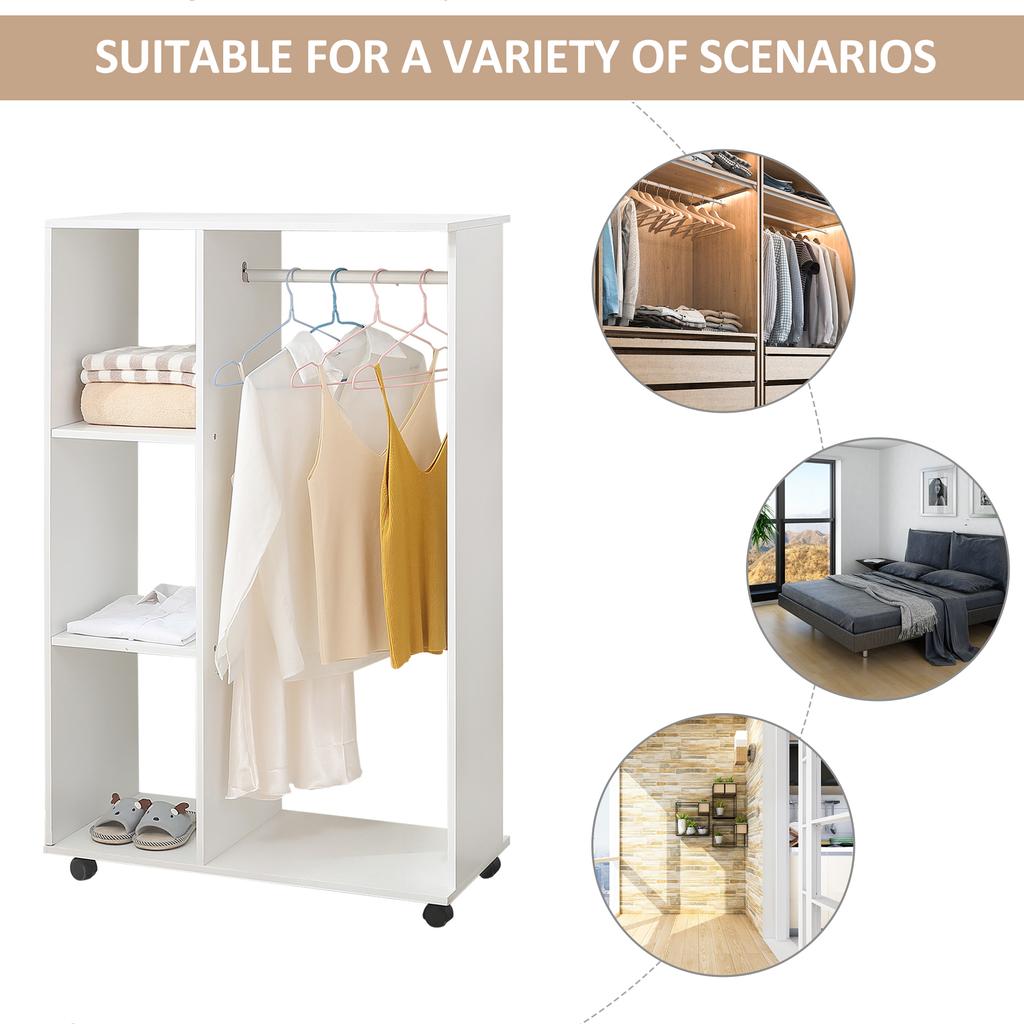 Open Wardrobe On Wheels Bedroom Wardrobe With Clothes Hanging Rail 3 Storage Shelves Mobile Garment Rack For Cloakroom Hallway White