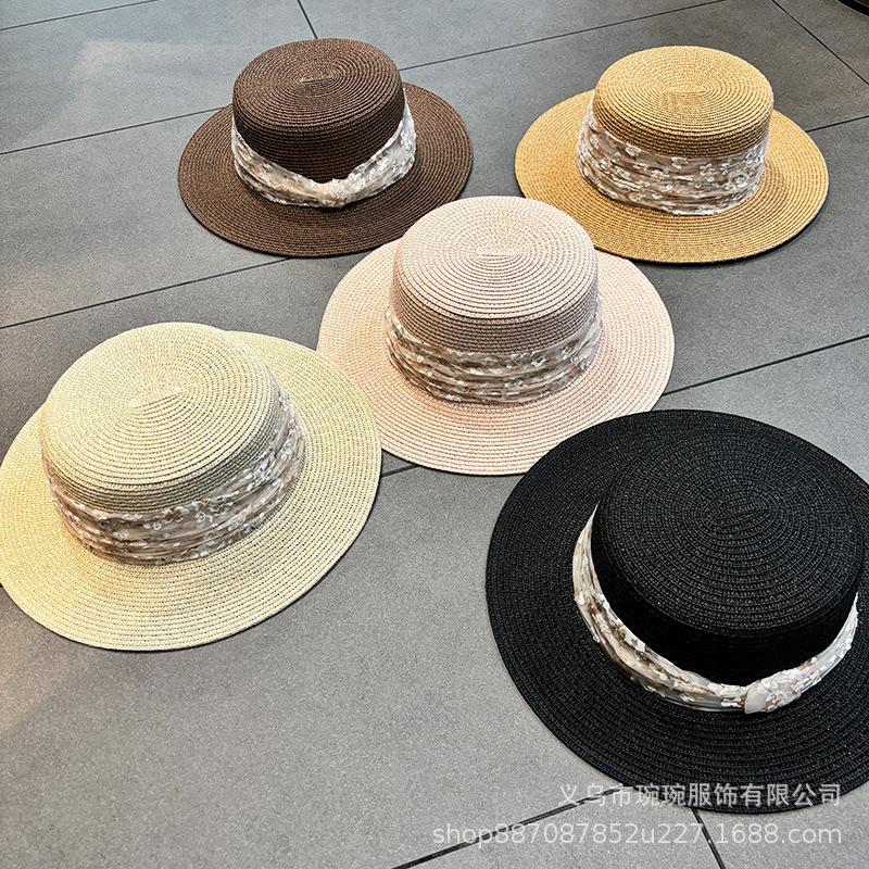 Summer new floral decorative straw hat women's outdoor travel seaside sunshade beach hat casual versatile flat top hat