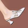 Spring Chinese-style Rhinestone Soft Leather Bow Slippers, Thick Heel Fashion Wear Versatile Semi-drag Sandals