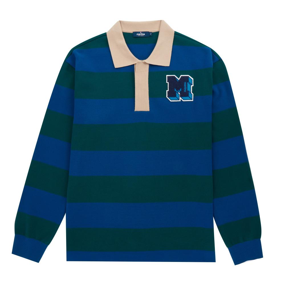 MARTINE GOLF 1985 Вязаный пуловер в блочную полоску с воротником_Темно-синий (Мужчины)