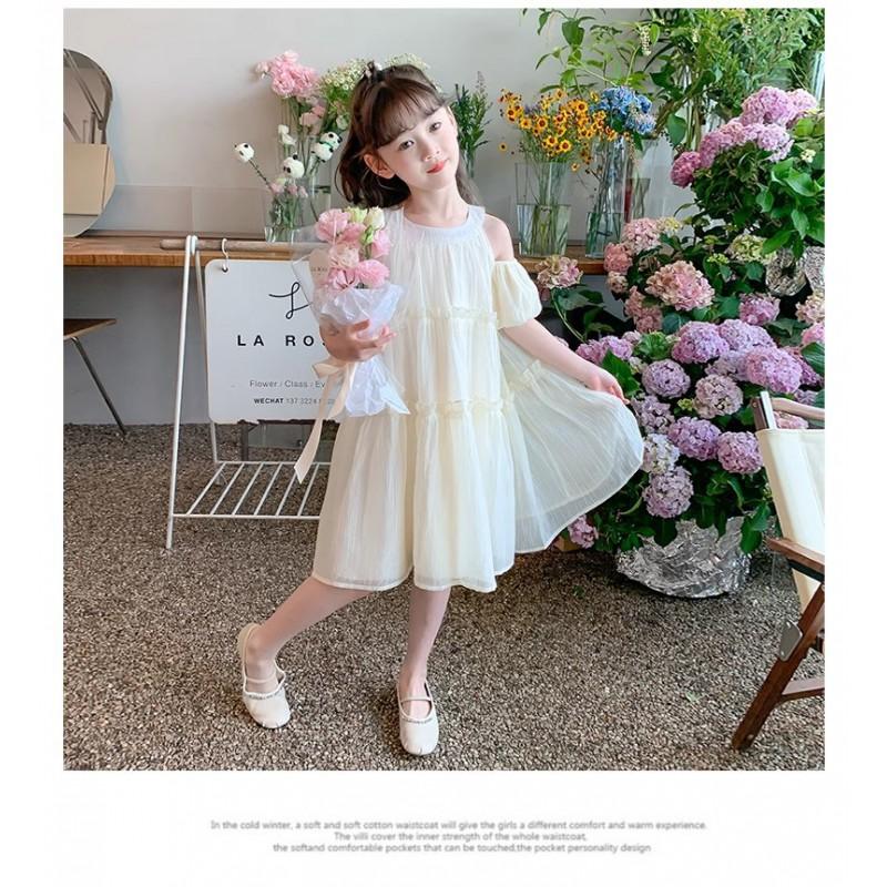 Girls Mesh Princess Dress Stylish Puff Sleeve Solid Color Kids