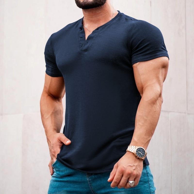 Мужская летняя повседневная однотонная футболка-henley с коротким рукавом