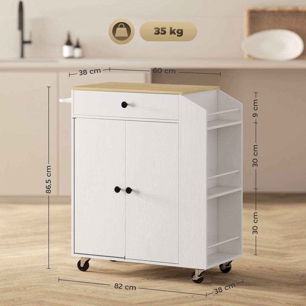 Rolling Kitchen Island with 3-Tier Spice Rack, Kitchen Storage Cart with Drawer and Towel Rack, White