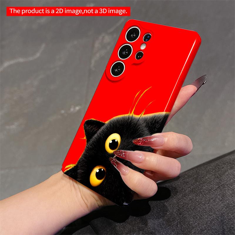 2DFlat Samsung phone case Black Cat with Yellow Eyes on Red Background Applicable to Galaxy S23 S24 S25ULTRA S26 A12 A14 A15 A16 A54 A55