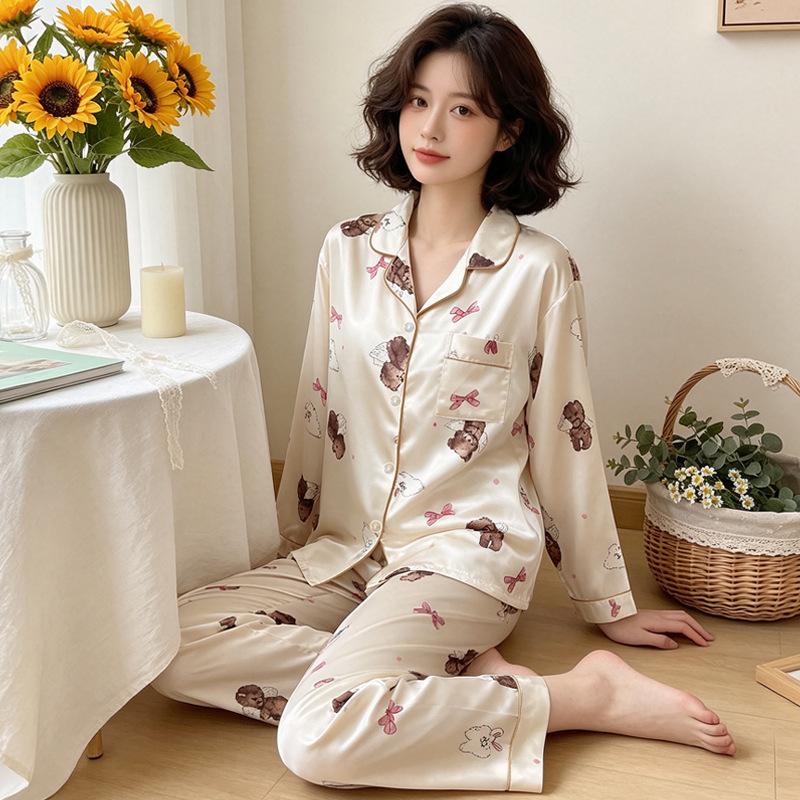 Sweet bear ice silk satin loungewear pajamas women's autumn long-sleeved trousers two-piece set can be worn outside