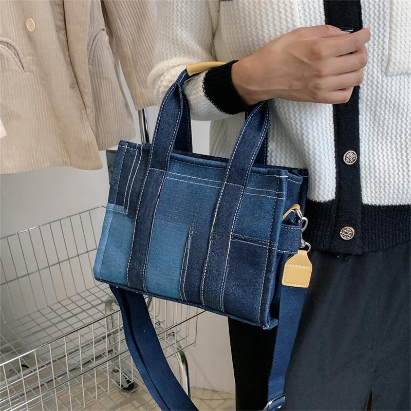 Retro Embroidered Letter Denim Tote with Contrast Stitching