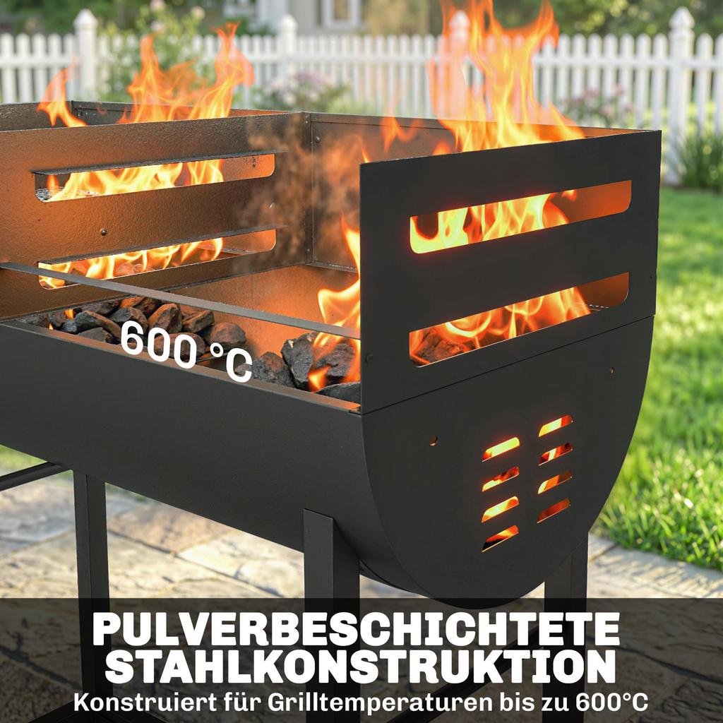 Charcoal Barbecue Grill with 2 Cooking Areas, Portable BBQ Trolley with Wheels, Height Adjustable Grates, Bottom Shelf