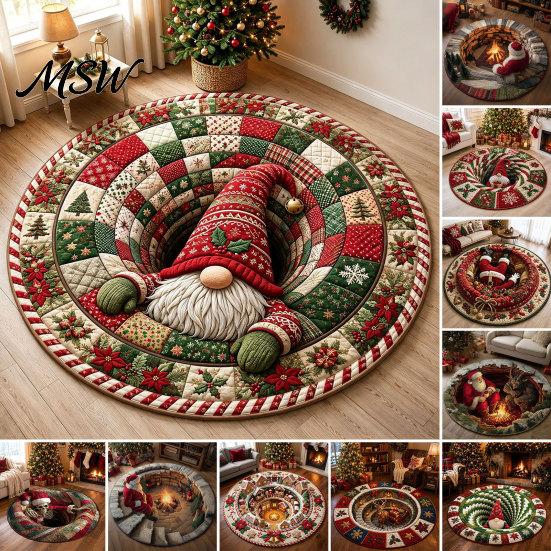 Christmas Party Home Decor 3D Rug, Illusion Area Round Decorative Crystal Velvet Rug Floor Mat, Festive Carpet for Indoor Living Room Holiday