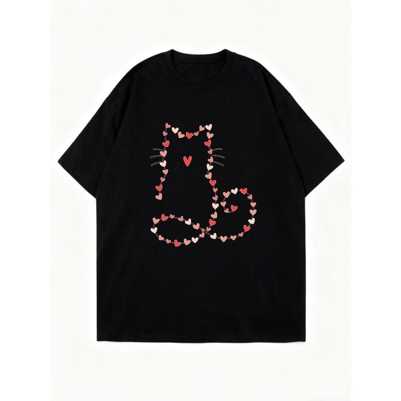 Платье-футболка оверсайз с принтом черного кота и сердец, повседневная одежда для женщин