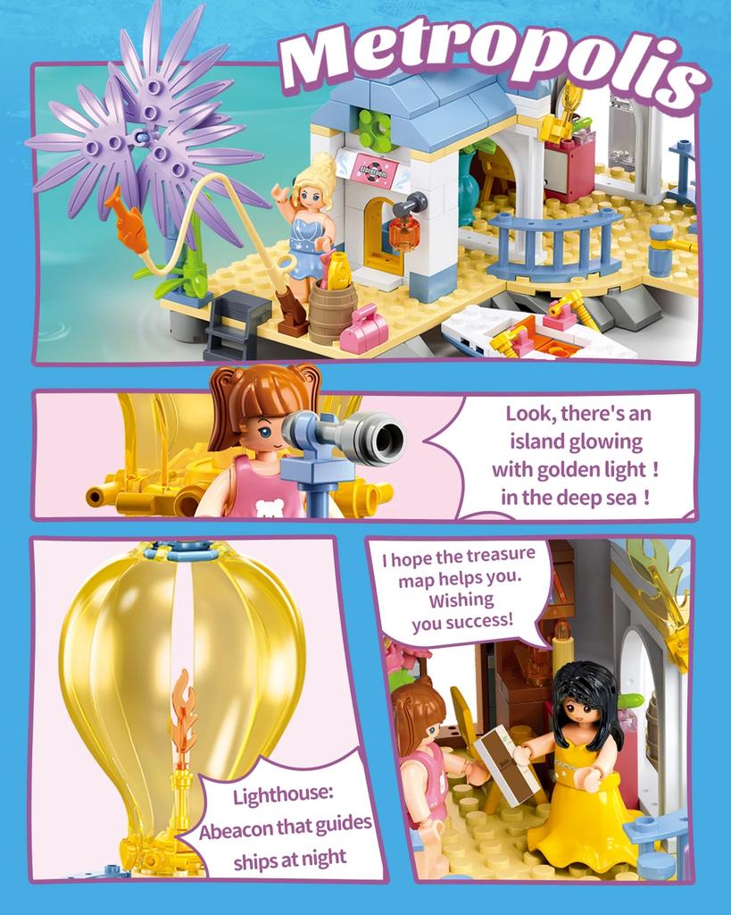 404PCS Treasure Hunt Lighthouse Building Blocks Creative Sea View Seaside House Model Bricks Set With Mini Dolls Kids Toys Gifts