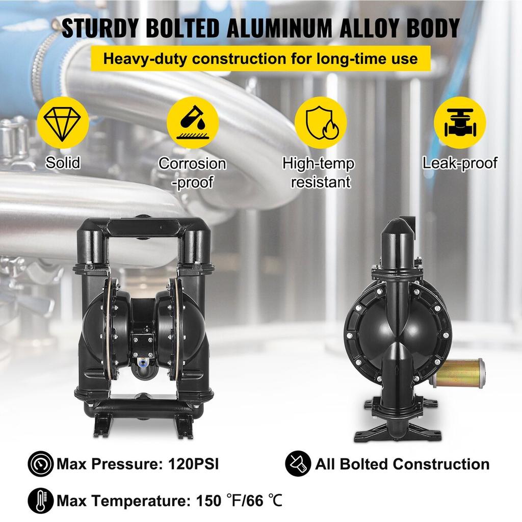 Air-Operated Double Diaphragm Pump, 2 inch Inlet & Outlet, Aluminum Alloy Body, 75 GPM & Max 120PSI, Nitrile Diaphragm Transfer Pump for Petroleum,