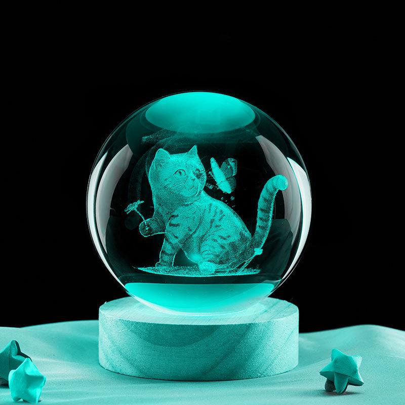 3D Кристальный Шар Ночник "Толстый Кот" - Светящееся Украшение и Подарок на Дни Рождения и Праздники