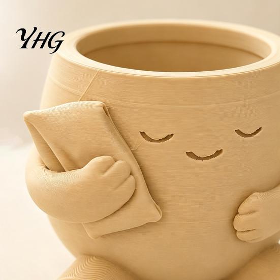 Cute Desktop Plant Container 3D Printed Character Succulent Planter, Sleepy Face Flower Pot with Office Desk Storage Organizer Pillow, Mini for Indoor