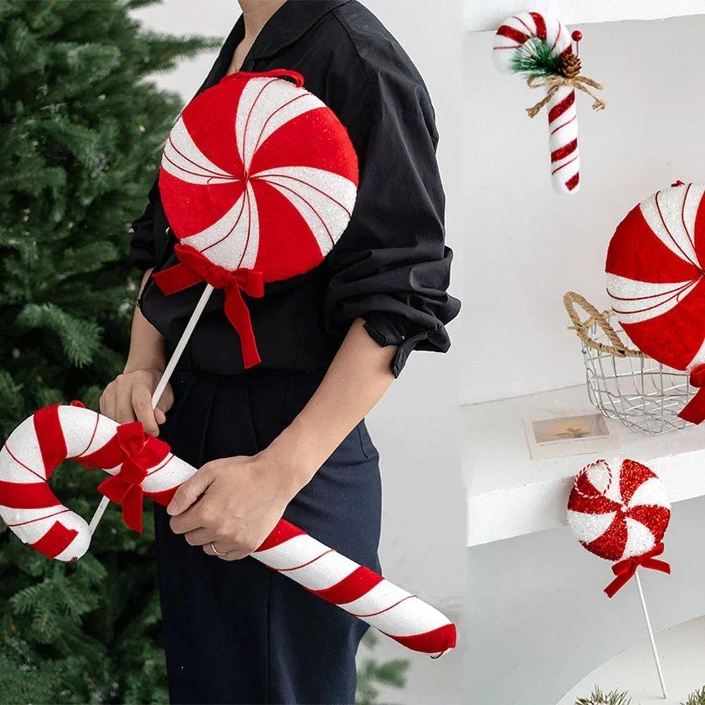 Red White Simulation Candy Cane Decoration Canes Xmas Flocking Velvet Pendant