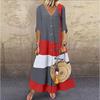Women's Summer Maxi Dress V-Neck Short Sleeve Button Long Dress Loose Color Block Dress