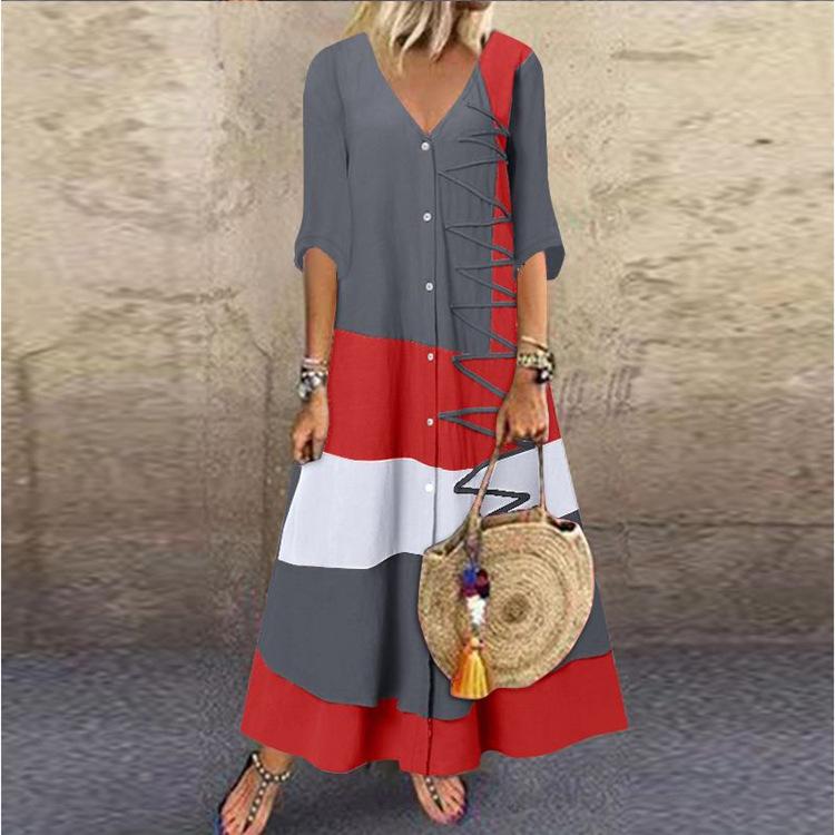 Women's Summer Maxi Dress V-Neck Short Sleeve Button Long Dress Loose Color Block Dress