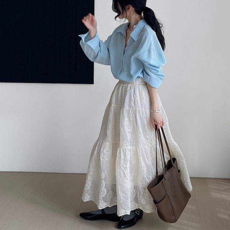 DIMANAF 2025 Женские весенние юбки Винтажные эластичные белые плиссированные элегантные длинные юбки Новые кружевные юбки с высокой талией