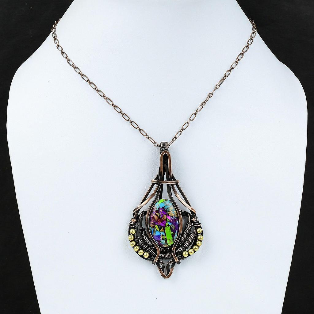 Fiesta Kingman Бирюзовый кулон Медная проволока обернутый драгоценный камень кулон Multi Медный бирюзовый кулон Медные украшения ручной работы Стильный кулон