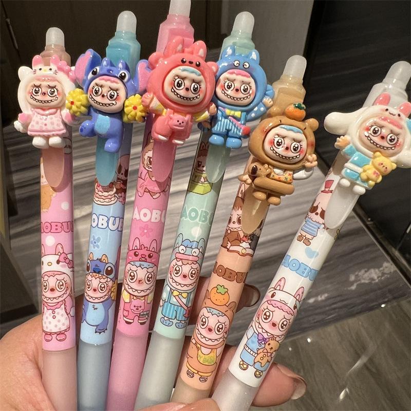6 Pcs/set Cute Labubu Pendant Pen Erasable Gel Pen Capybara Retractable Erasable Pen Quick-Drying St Head Writing Pen