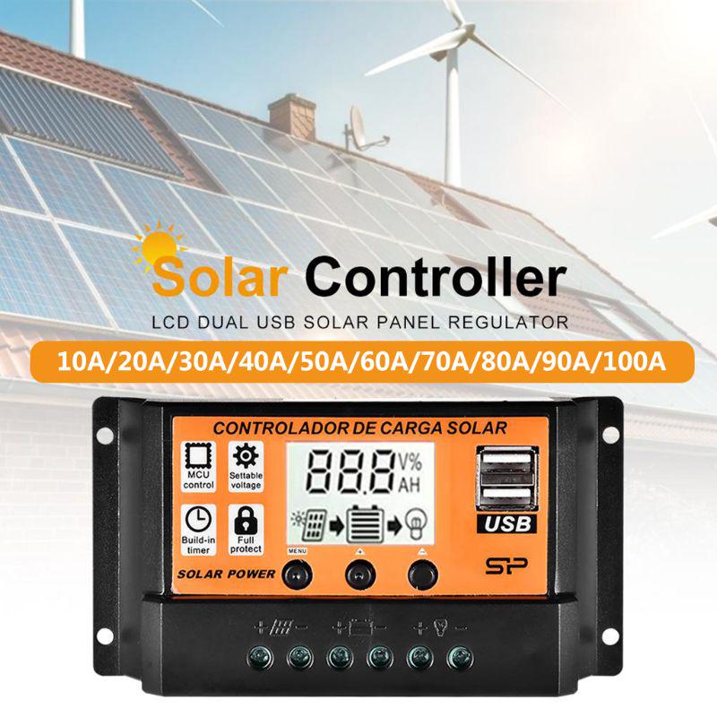 10A/20A/30A/40A/50A/60A/70A/80A/90A/100A автоматический ЖК-экран контроллер солнечной зарядки двойной USB регулятор солнечной панели 12V24V