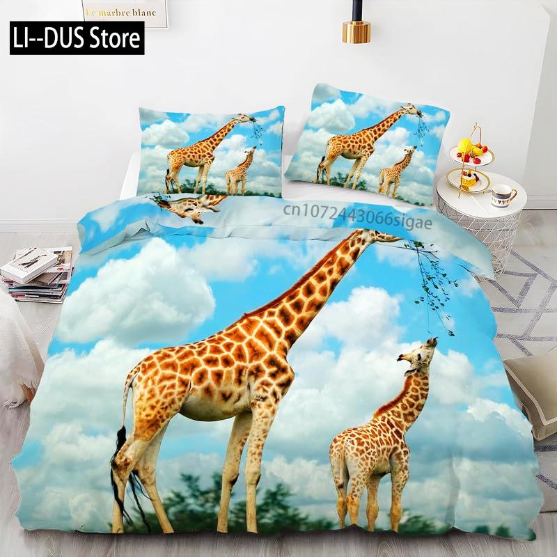 Giraffe Duvet Cover Queen,Tropical Wild Animal Comforter Cover 3pcs, Soft Bedding Set,Romantic Giraffe Bedroom Decor Quilt Cover