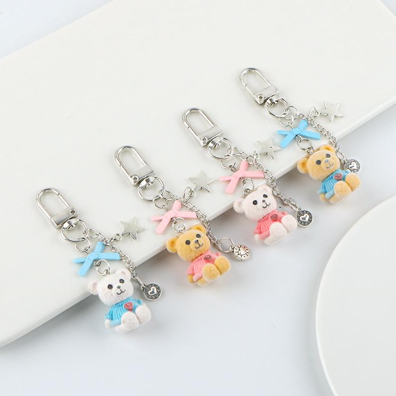 Lovely Flocking Bear Animal Keychain Pendant Mobile Phone Chains Fluffy Cute Bow Star Bag Hanging Ornaments Accessories Gifts