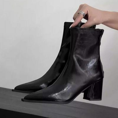 Модные женские полусапожки на среднем каблуке с острым носком 2025 Дизайнерская элегантная обувь Модные массивные туфли-лодочки для платья Вечеринка Кожаные Zapatillas De Mujer