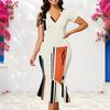 Women Plus Size V Neck Short Sleeve Gray Geometric Printed Fitted Fishtail Dress