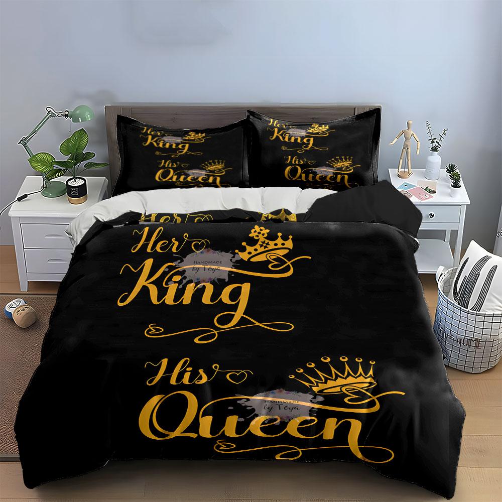 3 шт. Комплект постельного белья King Queen Красный Черный Серый Золотой Корона Пододеяльник + 2 Наволочки Комплект постельного белья для Домашнего декора Двуспальная кровать Постельное белье