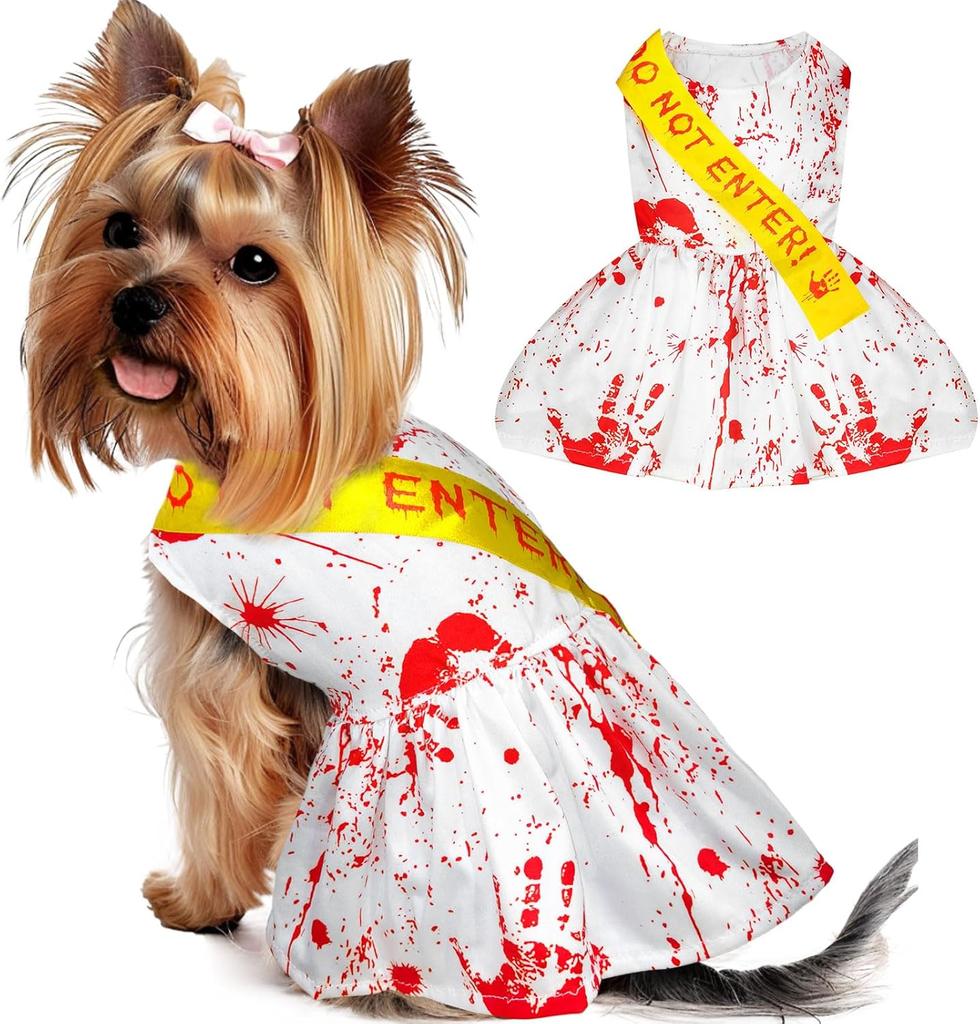 Halloween Dog Cats Dress Bloody Handprint White Puppy Cat Costume for Medium Small Pets Clothing 'DO NOT Enter' Sash for Holiday