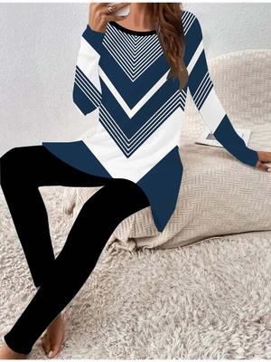 Евро-американская мода 3D Геометрический принт Женский Четырехсезонный Комплект из футболки с длинным рукавом + длинных брюк. Идеальный подарок на Новый год и Рождество