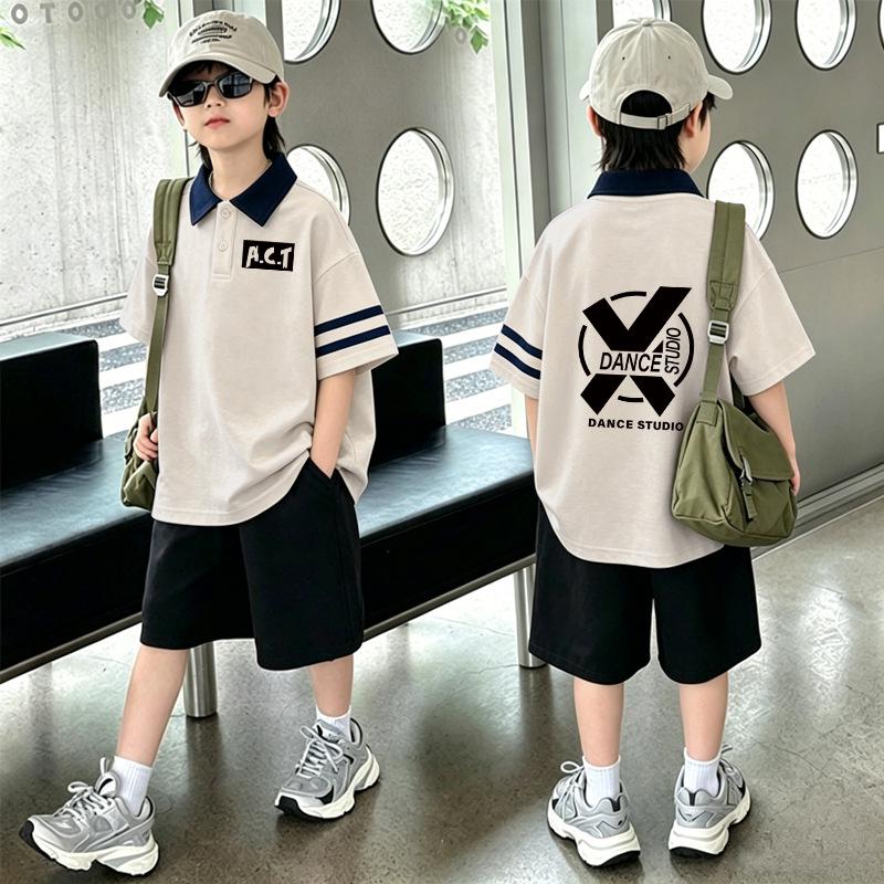 Boys' Korean Style Cotton Lapel T-Shirt & Shorts Set - Summer Casual Two-Piece Outfit for Medium and Large Children