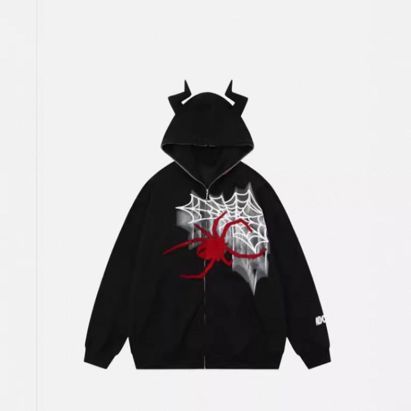 American Street Spider Horn Design Hooded Sweatshirt Loose Fit Men Women Fall Winter