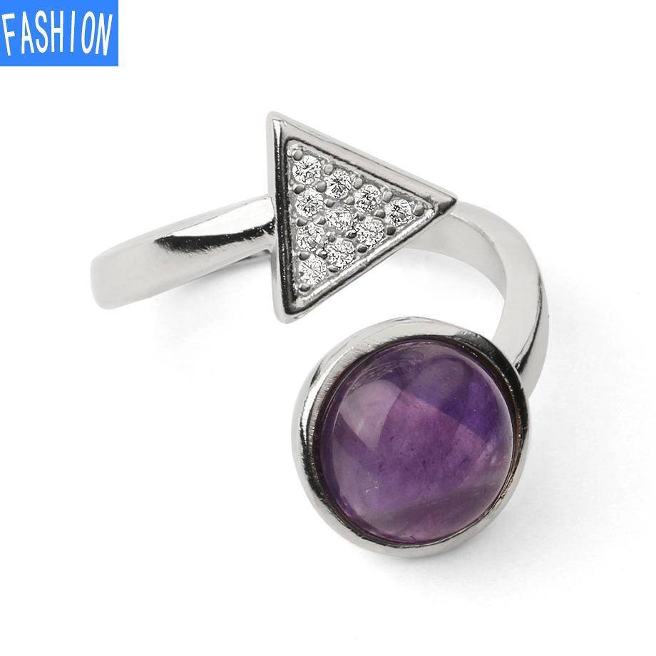 Natural Stone Round Crystal Triangle Adjustable Ring Gift for Women