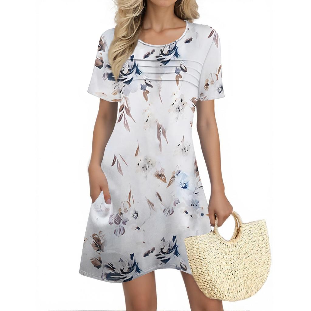 Женские летние платья Женские летние платья с цветочным принтом Повседневные платья с коротким рукавом и круглыми карманами