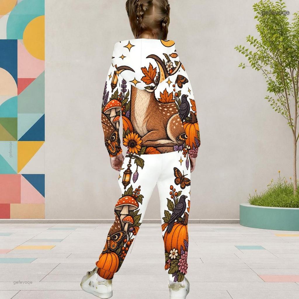 Girls Hooded Long Sleeve Possum Pumpkin Halloween Printed Two Piece Set Kangaroo Pocket Cuffed Pants