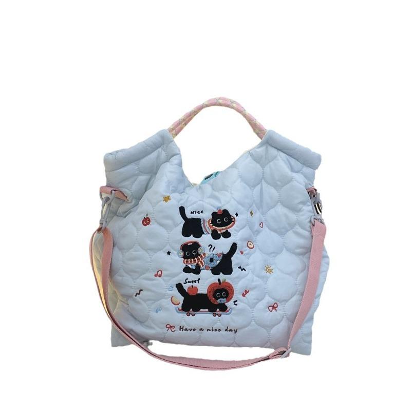 2 Зимняя вышитая милая сумка-тоут с черным котенком, большая вместимость, на плечо, сумка-мессенджер, стеганая стеганая хлопковая сумка-тоут