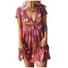 Women's Fashion Loose V-Neck Short Buttons Printing Casual Dress