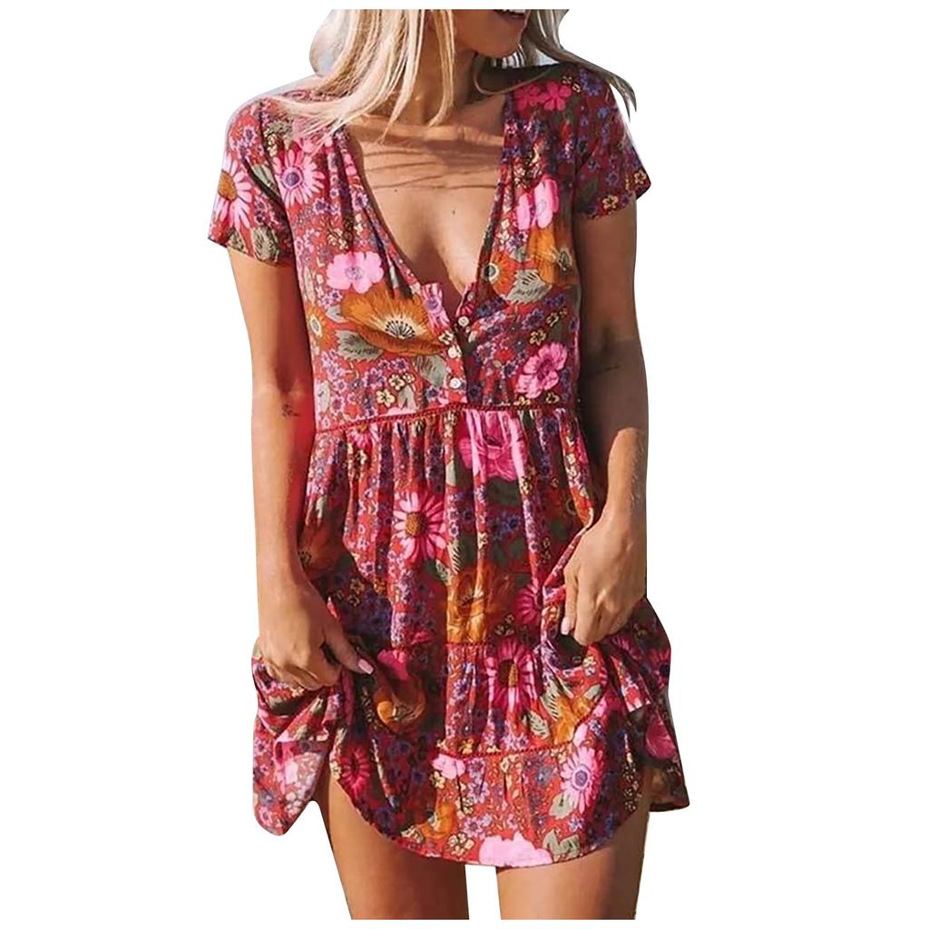 Women's Fashion Loose V-Neck Short Buttons Printing Casual Dress