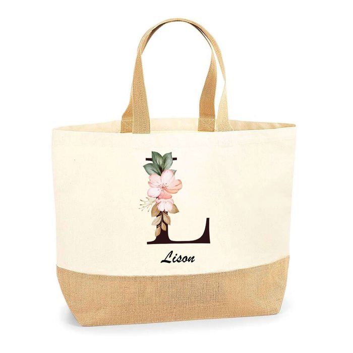 Cabas / Tote bag en jute - PLANETEE - Lison Lettre Fleur - jute naturel - multicolore - Fabriqué en France