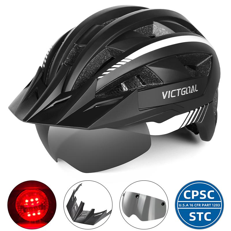 VICTGOAL MTB Road Bike Helmet for Men Women Visor Goggles LED Rear Light Mountain Bicycle Helmet Adults Racing Cycling Helmets