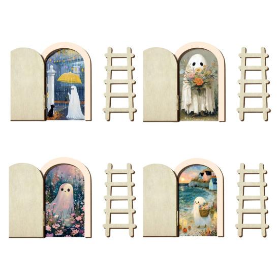 Ghost Shaped Wood Craft Halloween Cute Door Ornaments, Miniature with Ladder, Wooden Ornament 3 Layer Arch for Wall Bookshelf Decoration Eco Friendly