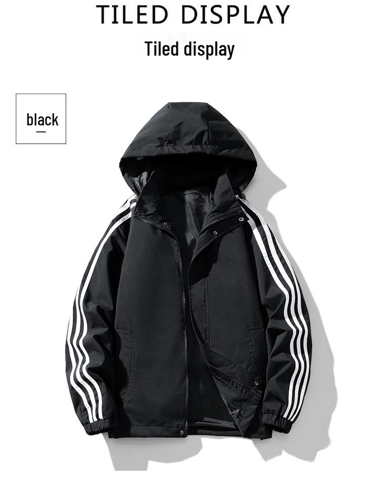 Men's Three-Stripe Hooded Bomber Jacket - Casual, Loose Fit for Autumn/Winter
