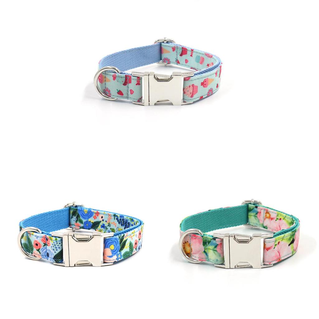 Pet Collar With Silver Buckle For Small Dogs Cotton Material Cute Flower Pattern Breathable Design