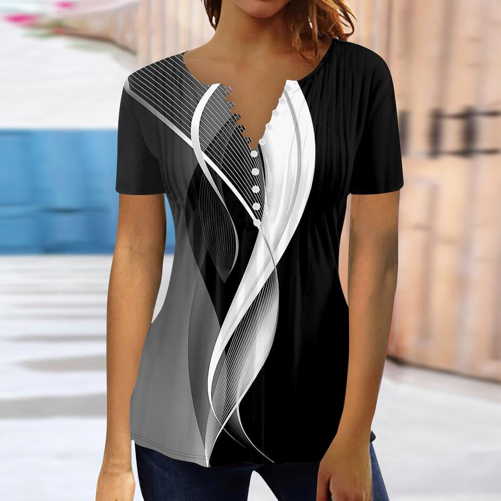 Летние топы для женщин, модные рубашки-туники с принтом в стиле бохо, футболка с короткими рукавами и пуговицами, V-образный вырез, повседневная свободная блузка